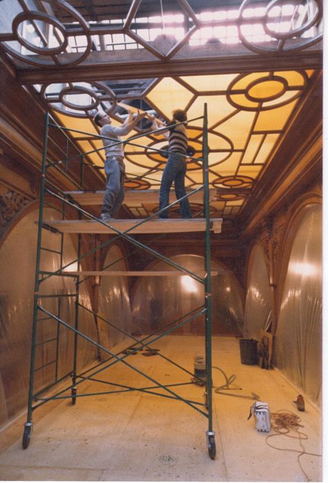 Glass Studio staff restoring the Ontario Legislature Atrium ceilings
