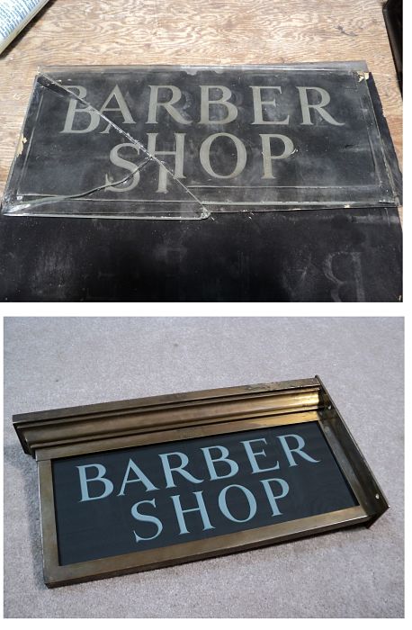 Antique barbershop sign before and after restoration
