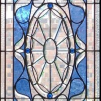 TheGlassStudio Image 171 - Private residence, Toronto Hand-bevelled glass door panel with blue and white glass